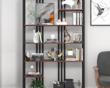 HMR Modern Etagere Bookshelf with 6-Shelf - Black/Walnut