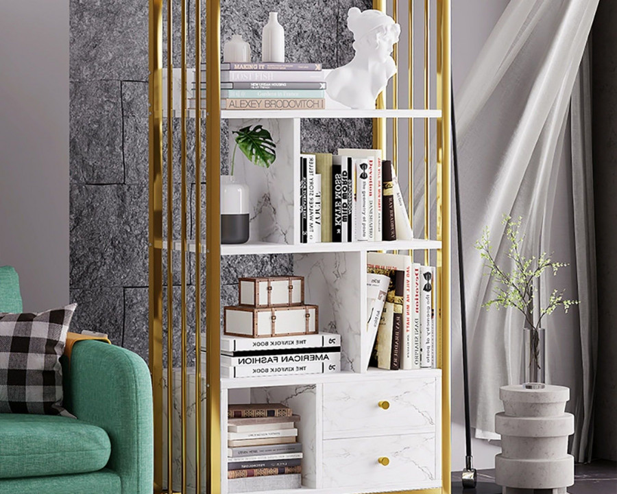 HMR Modern 47" Bookshelf with 2 Drawers - Gold/White