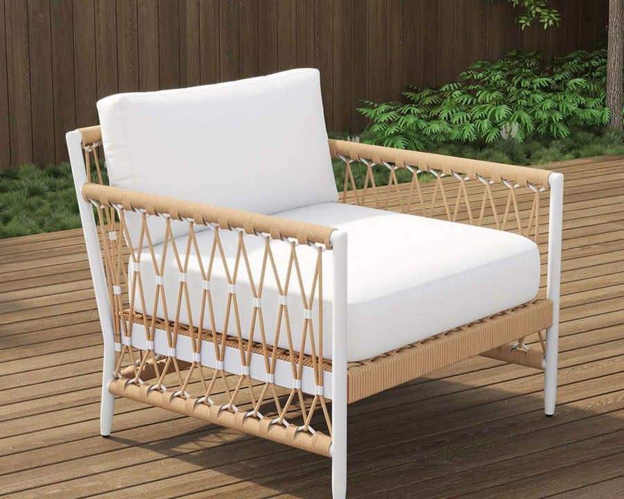 HMR Ropipe Outdoor Chair with Hand Woven Rope - White, Fixed Base