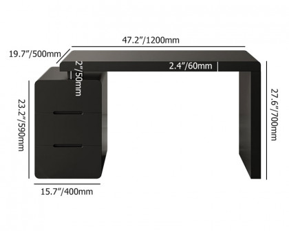 HMR Mular 3-Drawer Writing Desk with 3 Drawers Office Furniture - Black, 47.2"L x 19.7"W x 27.6"H