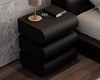 HMR Humply Modern Leather Smart Nightstand with Wireless Charger Drawers - Black, 3-Drawer, Set Of 2