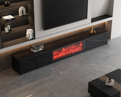 HMR Electric Fireplace TV Stand with 2 Drawers - Black, Sintered Stone, 78.7"W×15.4"D×15.4"H