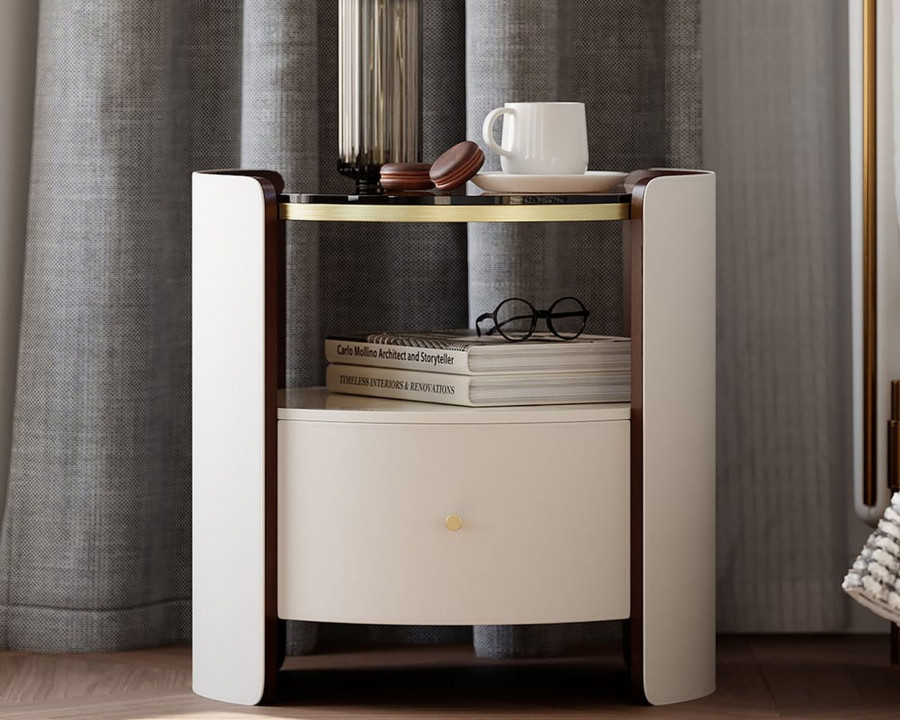 HMR Modern Round Leather Nightstand with Glass Top & Sintered Stone Bedside with Shelf