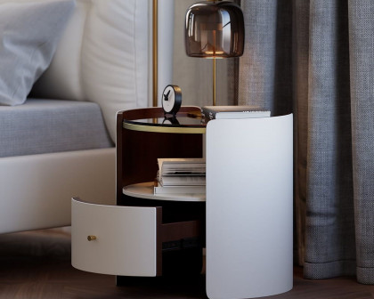 HMR Modern Round Leather Nightstand with Glass Top & Sintered Stone Bedside with Shelf