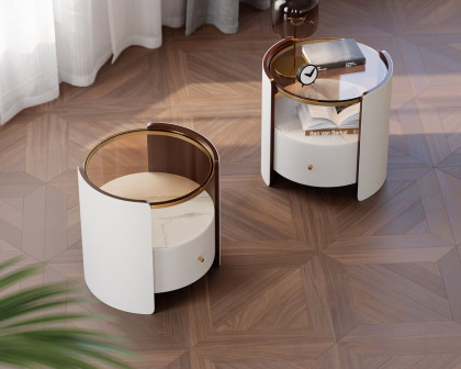 HMR Modern Round Leather Nightstand with Glass Top & Sintered Stone Bedside with Shelf