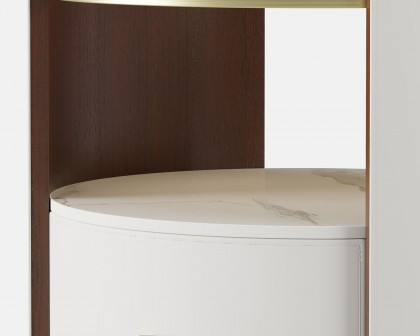 HMR Modern Round Leather Nightstand with Glass Top & Sintered Stone Bedside with Shelf