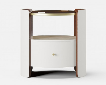 HMR Modern Round Leather Nightstand with Glass Top & Sintered Stone Bedside with Shelf