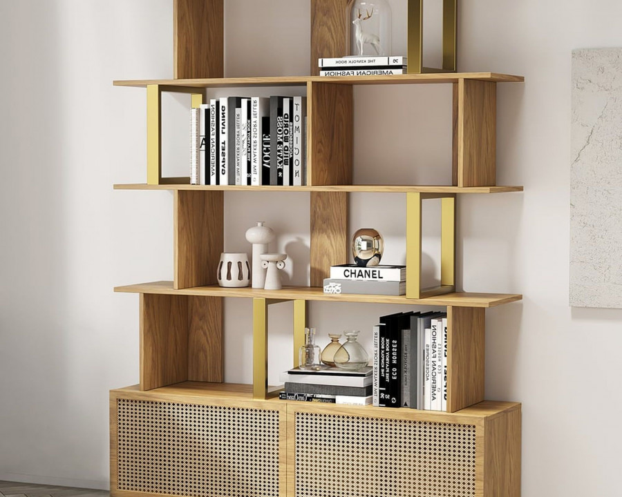 HMR 5-Tier Wood Bookshelf with 2 Doors Modern Bookcase in Gold Finish