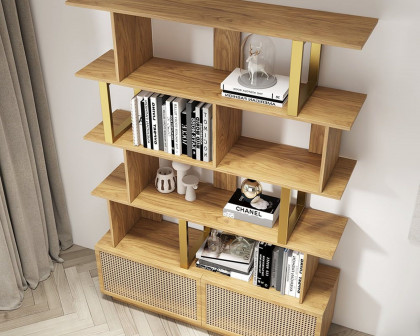 HMR 5-Tier Wood Bookshelf with 2 Doors Modern Bookcase in Gold Finish - Natural