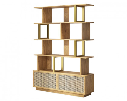 HMR 5-Tier Wood Bookshelf with 2 Doors Modern Bookcase in Gold Finish - Natural