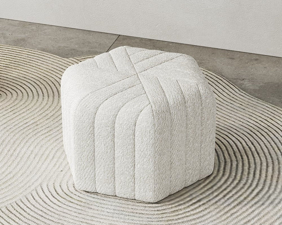 HMR Wide Hexagonal Pouf Ottoman - White, Velvet