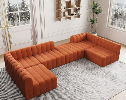 HMR 118.9" Modular Pit Sectional Sofa Set Convertible 6-Seater - Orange, Velvet