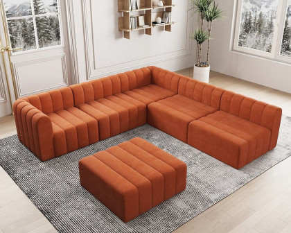 HMR 118.9" Modular Pit Sectional Sofa Set Convertible 6-Seater - Orange, Velvet