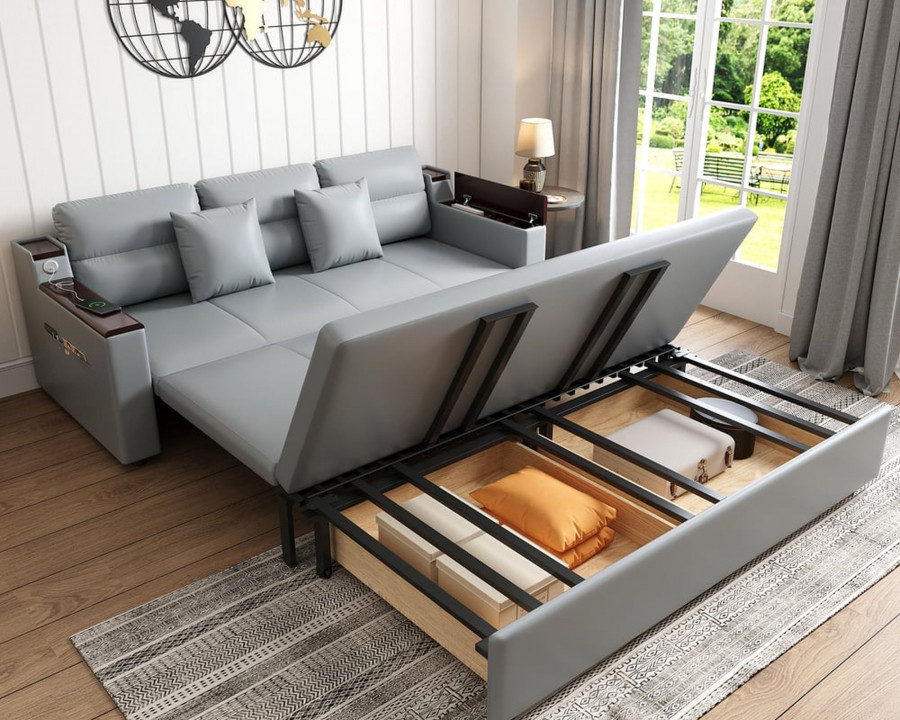 HMR 83" King 3-Seater Sleeper Sofa with Trundle & USB Port - Light Gray, Leath-Aire