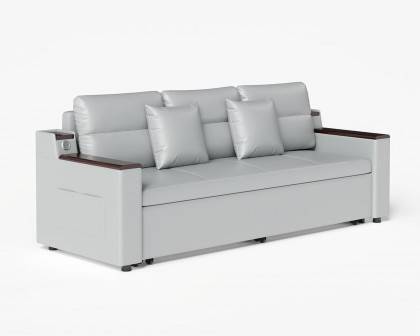 HMR 83" King 3-Seater Sleeper Sofa with Trundle & USB Port - Light Gray, Leath-Aire