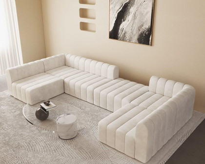 HMR 118.9" Modular Pit Sectional Sofa Set Convertible 6-Seater - Off White, Velvet