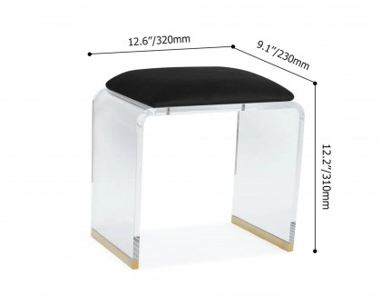 HMR Velvet Upholstered and Acrylic Frame Makeup Vanity Stool and Clear Ottoman - Black, 12.6"W x 9.1"D x 12.2"H