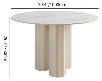 HMR Modern Round Sintered Stone Dining Table - White, 39.4"L x 39.4"W x 29.5"H