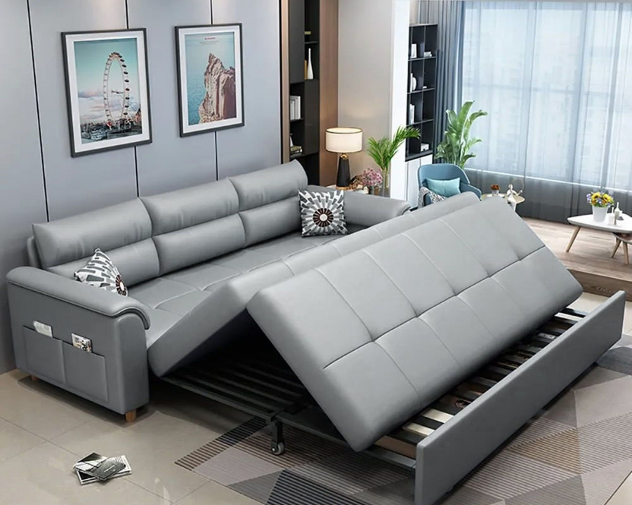 HMR Queen 2-Seater Sleeper Sofa - Light Gray, Leath-aire