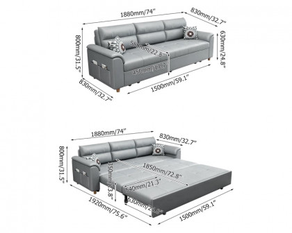 HMR Queen 2-Seater Sleeper Sofa - Light Gray, Leath-aire