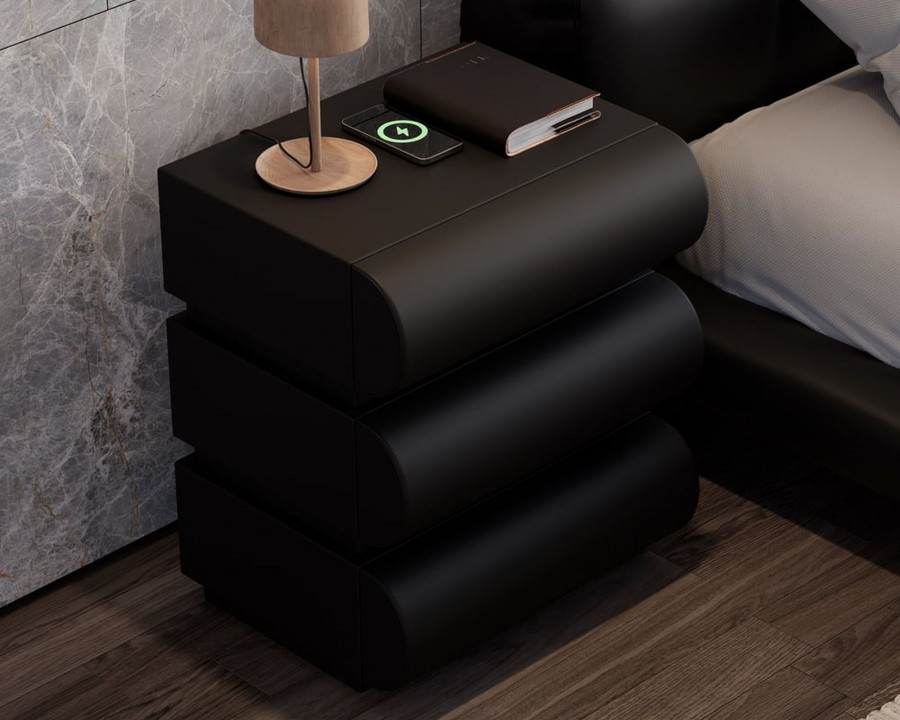 HMR Humply Modern Leather Smart Nightstand with Wireless Charger Drawers - Black, 3-Drawer, Single