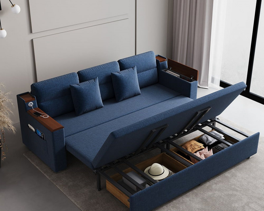 HMR 83" King 3-Seater Sleeper Sofa with Trundle & USB Port - Blue, Linen