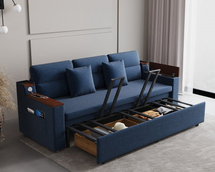 HMR 83" King 3-Seater Sleeper Sofa with Trundle & USB Port - Blue, Linen