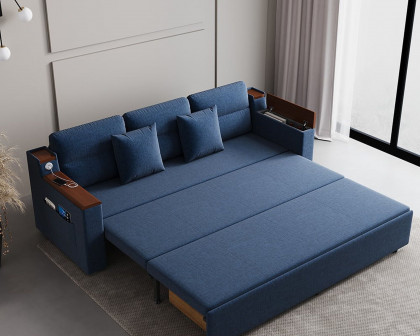 HMR 83" King 3-Seater Sleeper Sofa with Trundle & USB Port - Blue, Linen