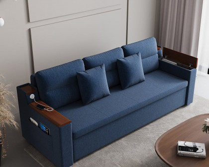 HMR 83" King 3-Seater Sleeper Sofa with Trundle & USB Port - Blue, Linen