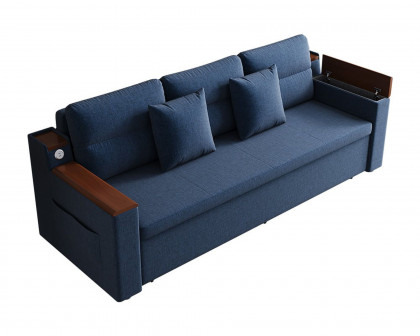 HMR 83" King 3-Seater Sleeper Sofa with Trundle & USB Port - Blue, Linen