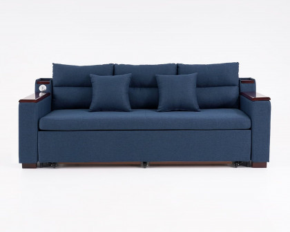 HMR 83" King 3-Seater Sleeper Sofa with Trundle & USB Port - Blue, Linen