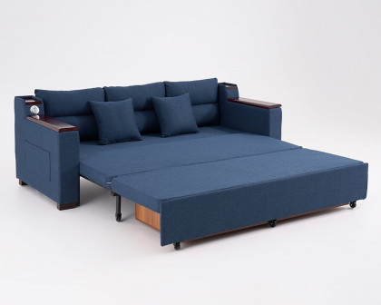 HMR 83" King 3-Seater Sleeper Sofa with Trundle & USB Port - Blue, Linen