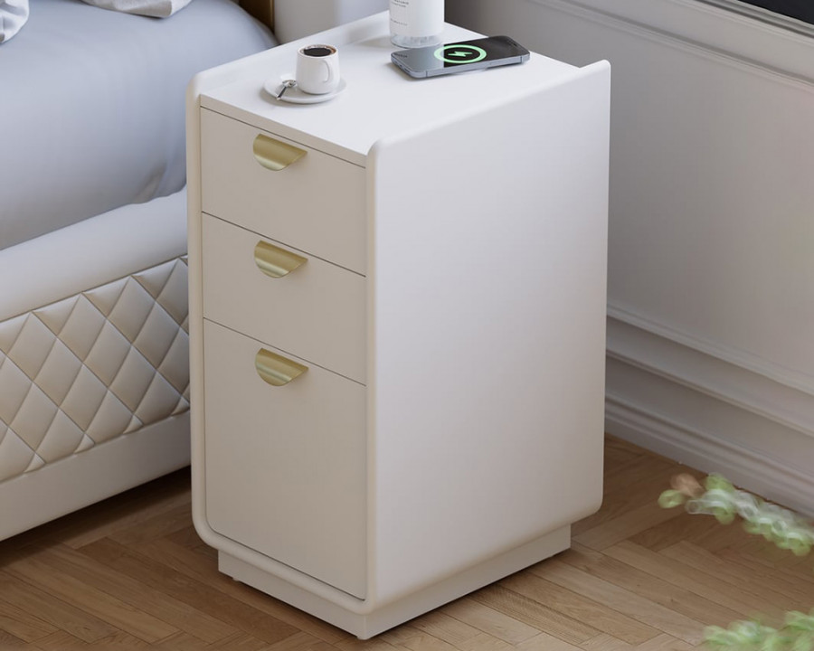 HMR - 12" White Leather Narrow Nightstand with Wireless Charger