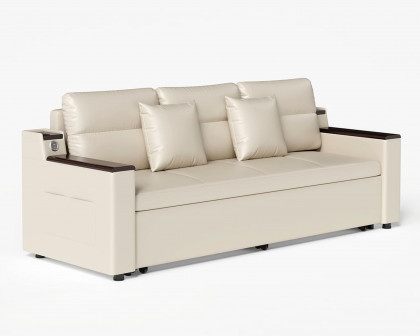 HMR 83" King 3-Seater Sleeper Sofa with Trundle & USB Port - Beige, Leath-Aire