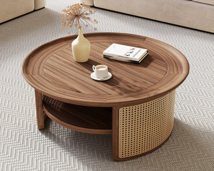 HMR - 2-Tiered Japandi Round Wood Coffee Table with Rattan Base