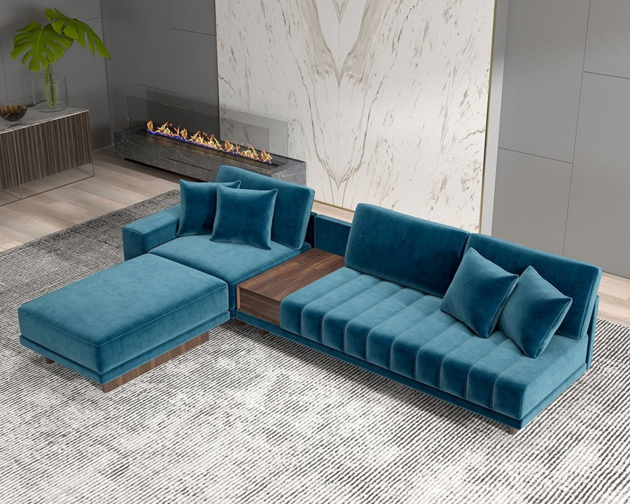 HMR 126" L-Shaped Modular Sectional with Chaise & Ottoman - Blue, Velvet