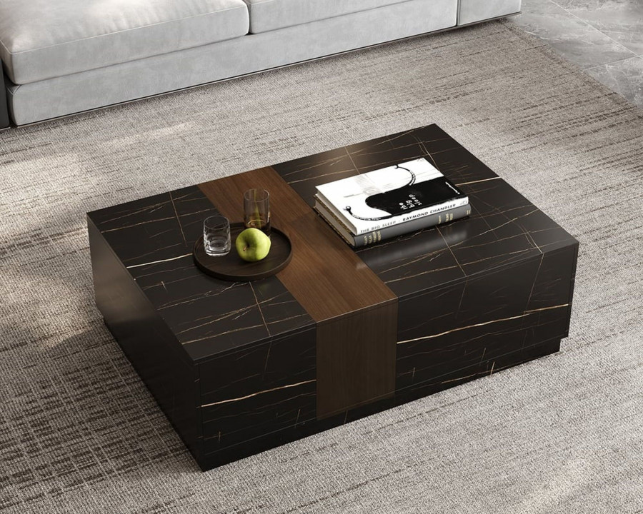 HMR Vewal 47.2" Marble & Walnut Veneer Block Coffee Table with 2 Drawers