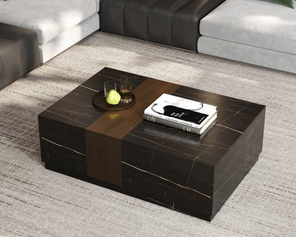 HMR Vewal 47.2" Marble & Walnut Veneer Block Coffee Table with 2 Drawers - Black & Walnut