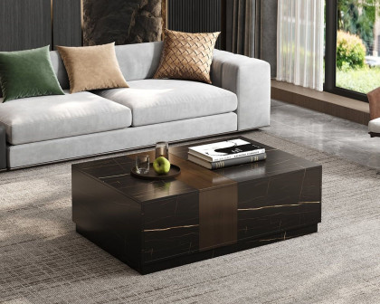 HMR Vewal 47.2" Marble & Walnut Veneer Block Coffee Table with 2 Drawers - Black & Walnut