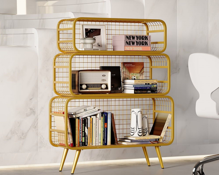 HMR Modern Mesh Standing 48" Etagere Bookshelf - Gold