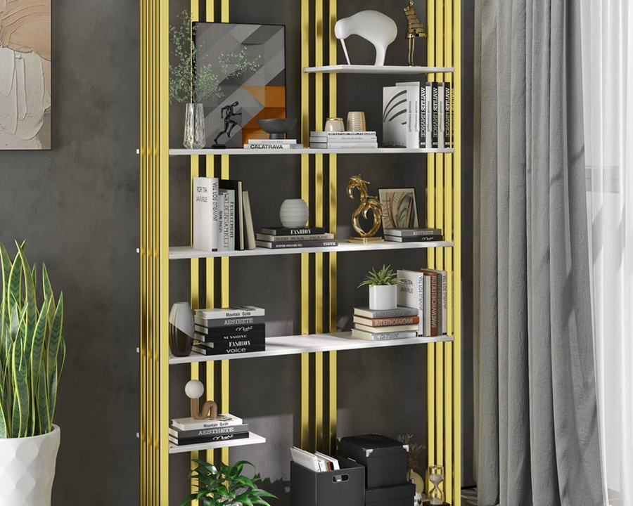 HMR Modern Etagere Bookshelf with 6-Shelf - White/Gold