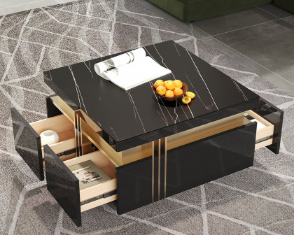 HMR Trimied Modern Square Storage Coffee Table Stone Top with 4 Wood Drawers - Black, 27.6"