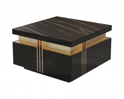 HMR Trimied Modern Square Storage Coffee Table Stone Top with 4 Wood Drawers - Black, 27.6"