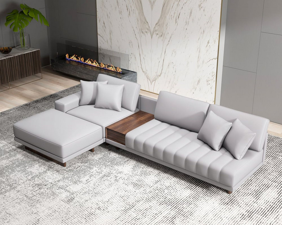 HMR 126" L-Shaped Modular Sectional with Chaise & Ottoman - Ivory, Leather