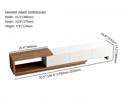 HMR Quoint Extendable TV Stand with 3 Drawers (71"-100") - White & Walnut, MDF