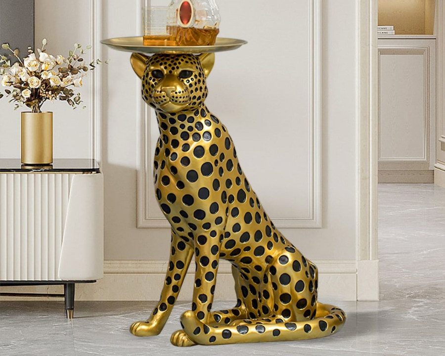 HMR Panther Figurine Resin Art Deco Side Table with Tray Top - Gold