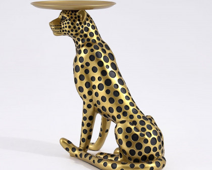 HMR Panther Figurine Resin Art Deco Side Table with Tray Top - Gold