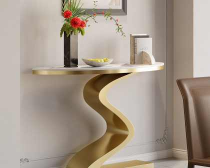 HMR Modern 39.4" Curved Console Table with Sintered Stone Top Half Moon Shape - White & Gold