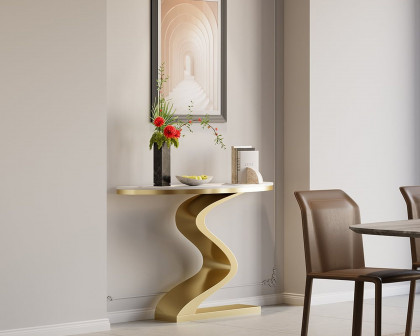 HMR Modern 39.4" Curved Console Table with Sintered Stone Top Half Moon Shape - White & Gold