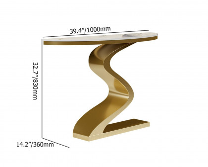 HMR Modern 39.4" Curved Console Table with Sintered Stone Top Half Moon Shape - White & Gold